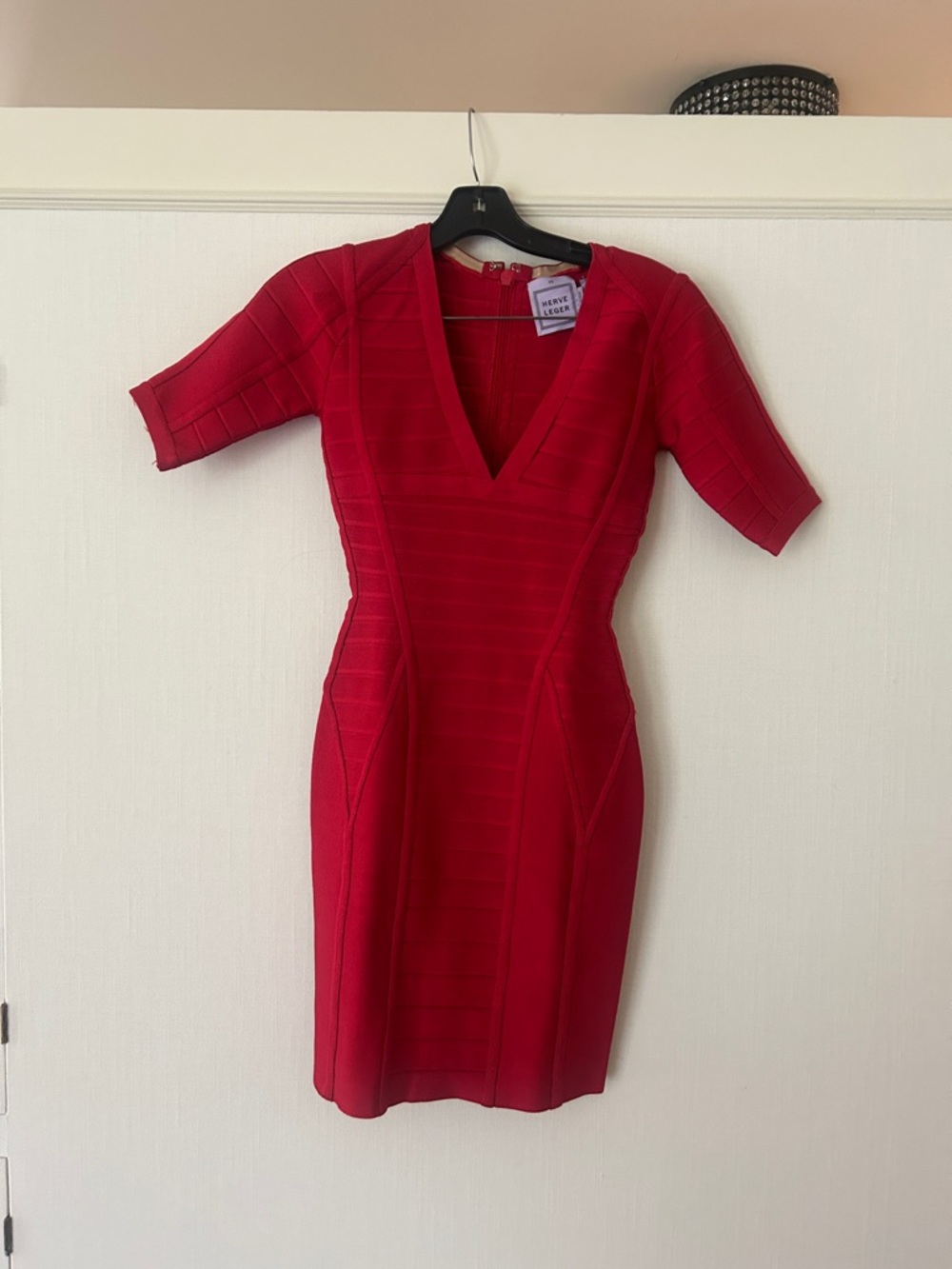 Herve Leger Vibrant Red V-Neck Bandage Mini Dress